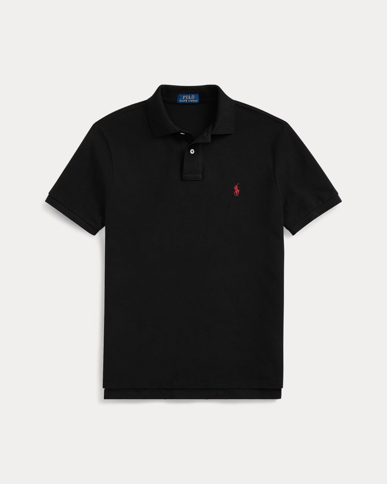 Classic fit polo shirt in black with iconic Ralph Lauren logo, made from breathable cotton mesh for comfort.