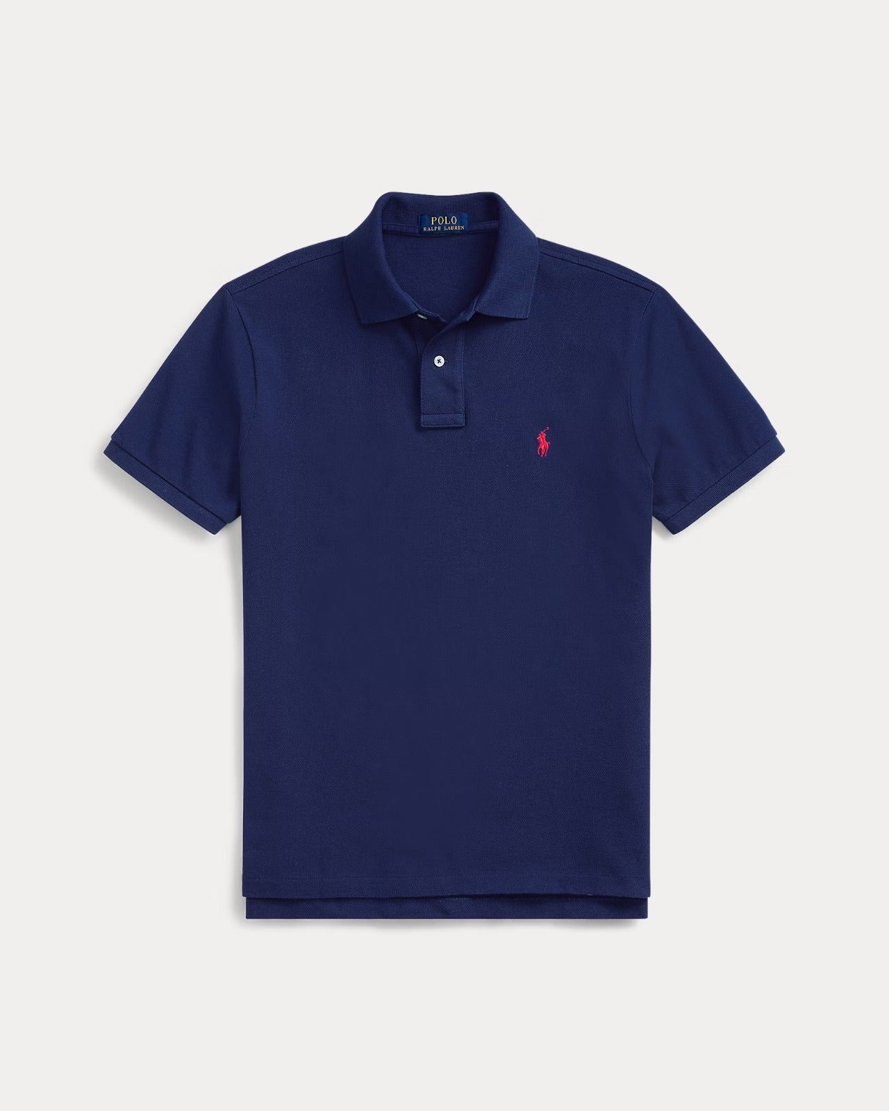 Classic Fit Ralph Lauren Polo Shirt in navy blue, showcasing breathable cotton mesh and signature logo.