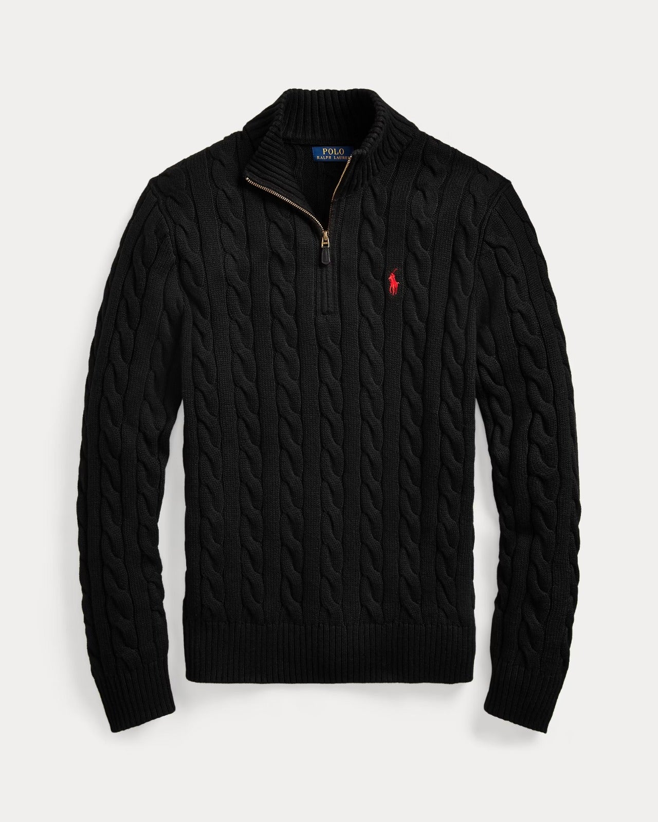 Cable-knit quarter-zip sweater in black made from premium cotton with rib-knit mockneck and red Pony embroidery.