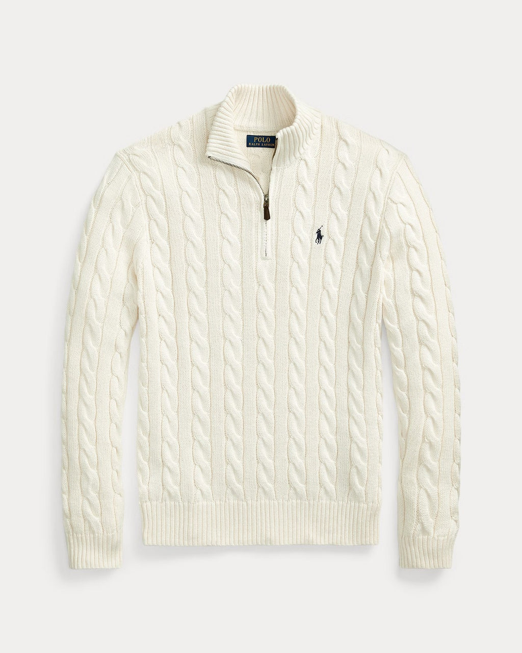 Cable-knit quarter-zip sweater in creamy white with rib-knit mockneck and signature red Pony embroidery.